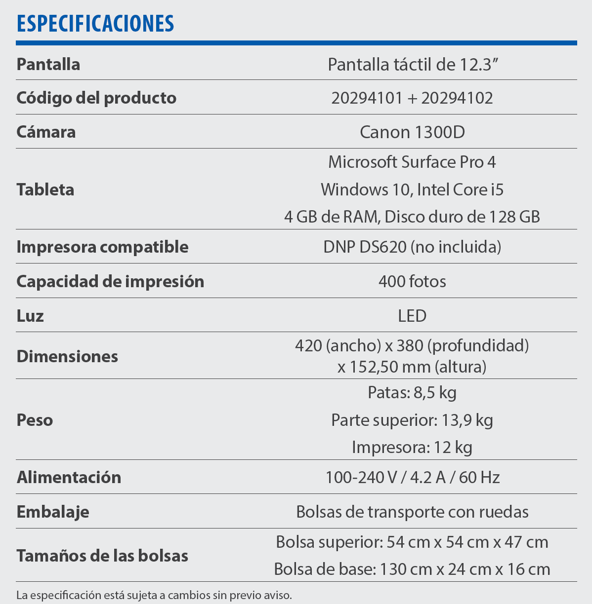 yodabooth specifications ES