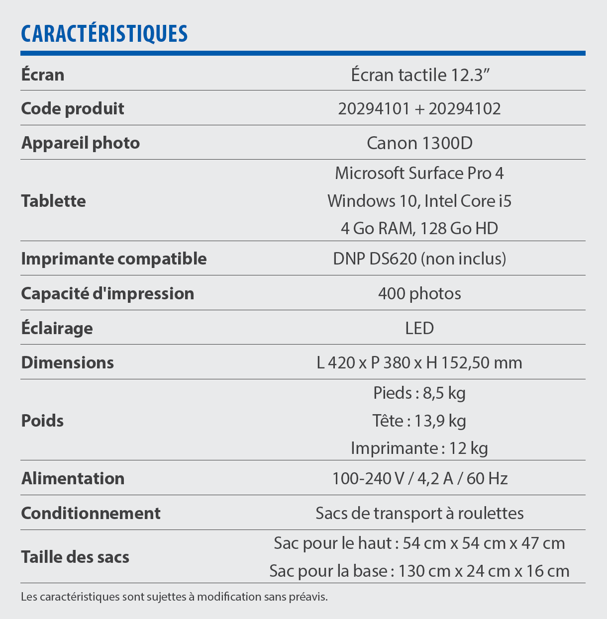 yodabooth specifications FR